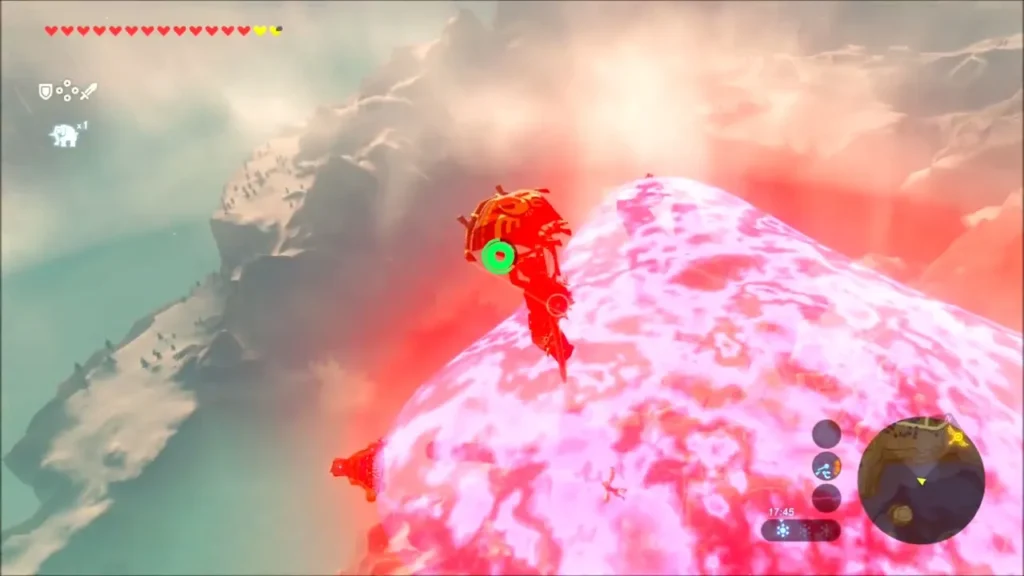 Link gliding past a Vah Medoh cannon on the beast's glowing shield Link gliding past a Vah Medoh cannon on the beast's glowing shield