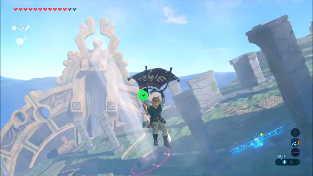 Link gliding over the ruined roof of Vah Medoh past a carved archway Link gliding over the ruined roof of Vah Medoh past a carved archway