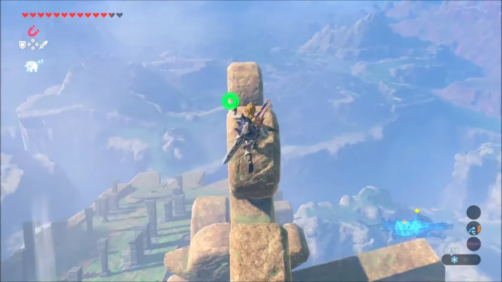 Link perched on a tall stone pillar above Vah Medoh with the canyon below Link perched on a tall stone pillar above Vah Medoh with the canyon below