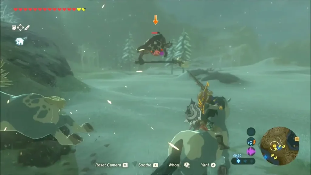 A mounted black Bokoblin leaping at Link in the snow A mounted black Bokoblin leaping at Link in the snow