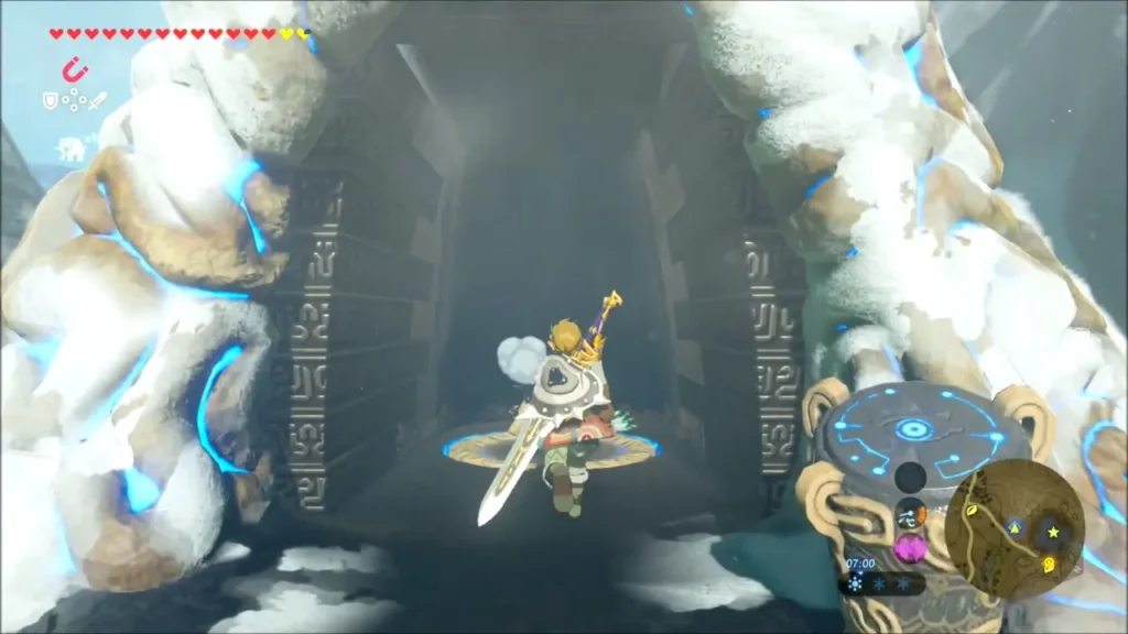Link gliding into the entrance of Sha Warvo Shrine Link gliding into the entrance of Sha Warvo Shrine