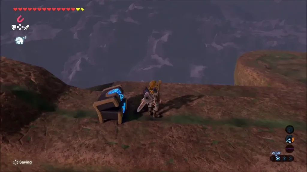 Link beside a glowing chest on the rocky outer ledge of the beast's tail Link beside a glowing chest on the rocky outer ledge of the beast's tail