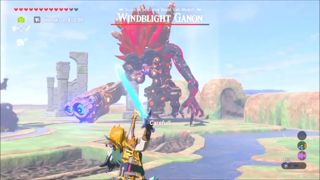 Link aiming a bow at Windblight Ganon as his cannon arm points at him Link aiming a bow at Windblight Ganon as his cannon arm points at him