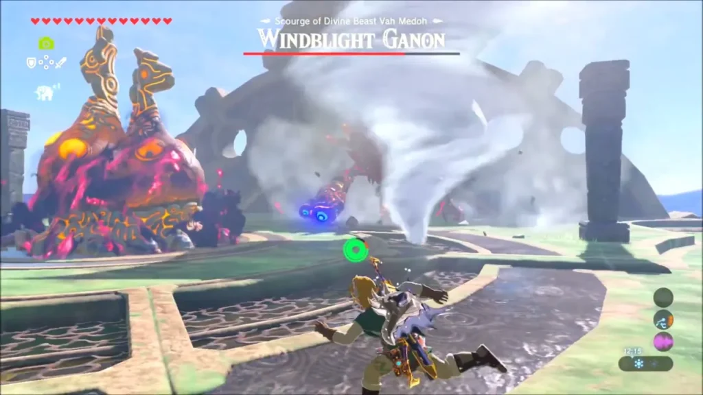 Link rolling away from a tornado while Windblight Ganon floats nearby Link rolling away from a tornado while Windblight Ganon floats nearby