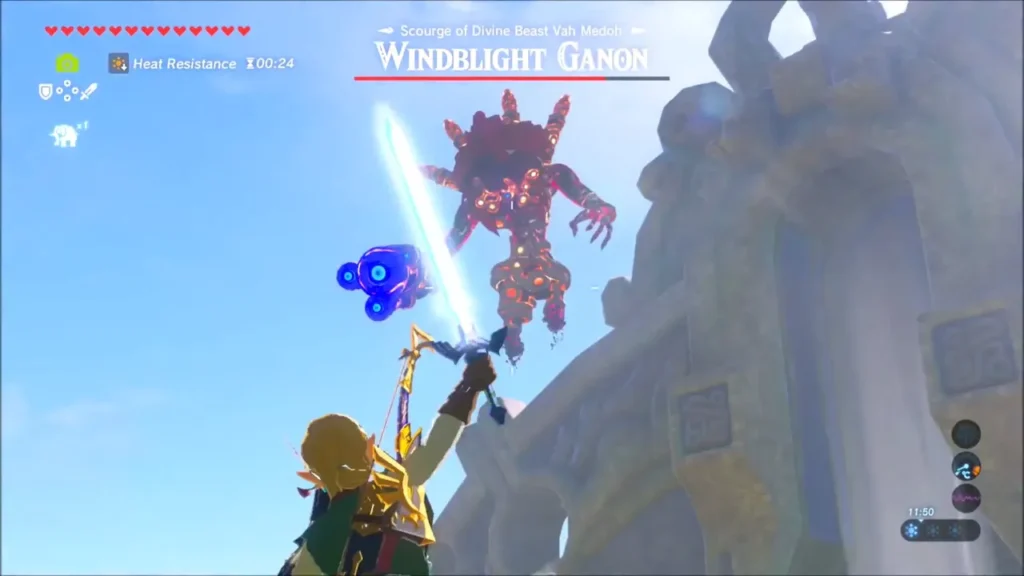 Link drawing a bow at the airborne Windblight Ganon and his cannon arm Link drawing a bow at the airborne Windblight Ganon and his cannon arm