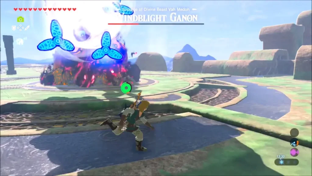 Link dodging as Windblight Ganon charges a blue energy burst Link dodging as Windblight Ganon charges a blue energy burst