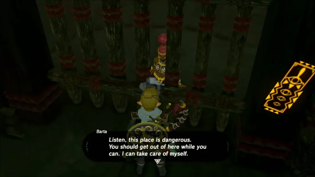 Barta speaking to Link from her cell in the Yiga hideout Barta speaking to Link from her cell in the Yiga hideout