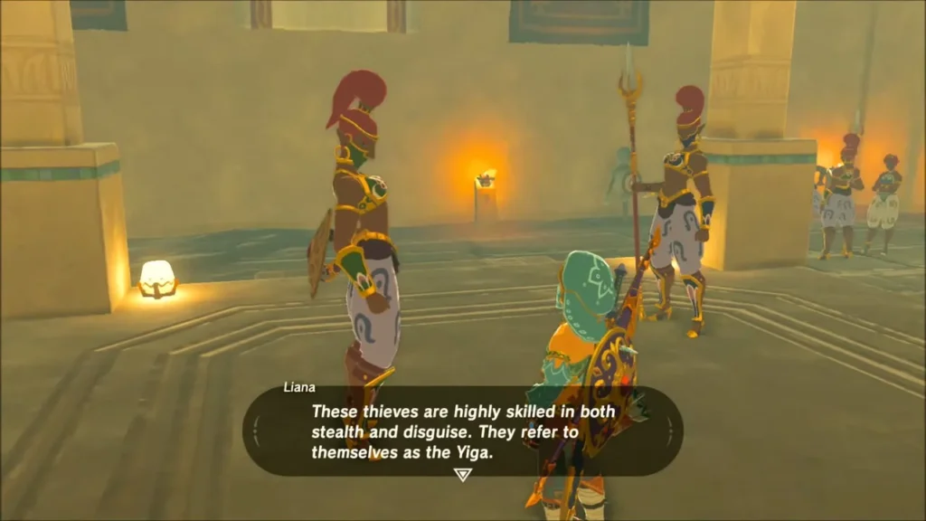 Gerudo guards in the courtyard explaining the Yiga's stealth and disguise Gerudo guards in the courtyard explaining the Yiga's stealth and disguise