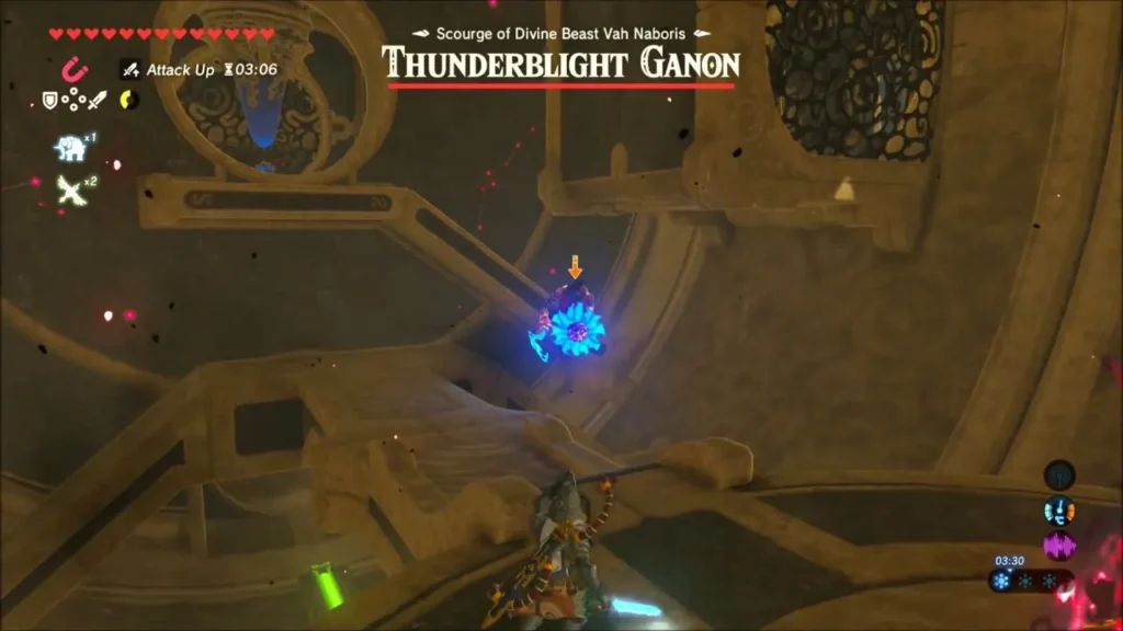 Link aiming up at Thunderblight Ganon's glowing blue core inside Vah Naboris Link aiming up at Thunderblight Ganon's glowing blue core inside Vah Naboris