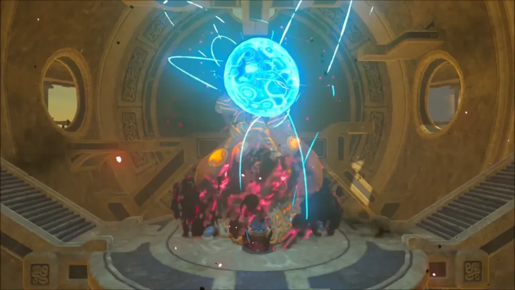 A glowing blue sphere spinning above Thunderblight Ganon in the arena A glowing blue sphere spinning above Thunderblight Ganon in the arena