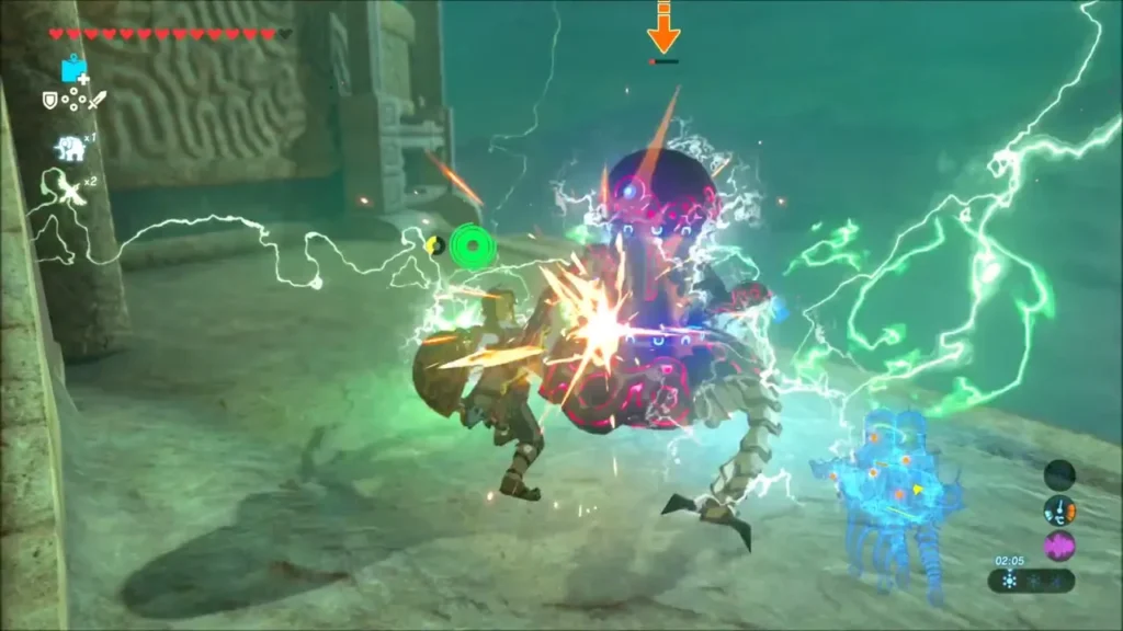 Link striking a Guardian Scout surrounded by lightning Link striking a Guardian Scout surrounded by lightning