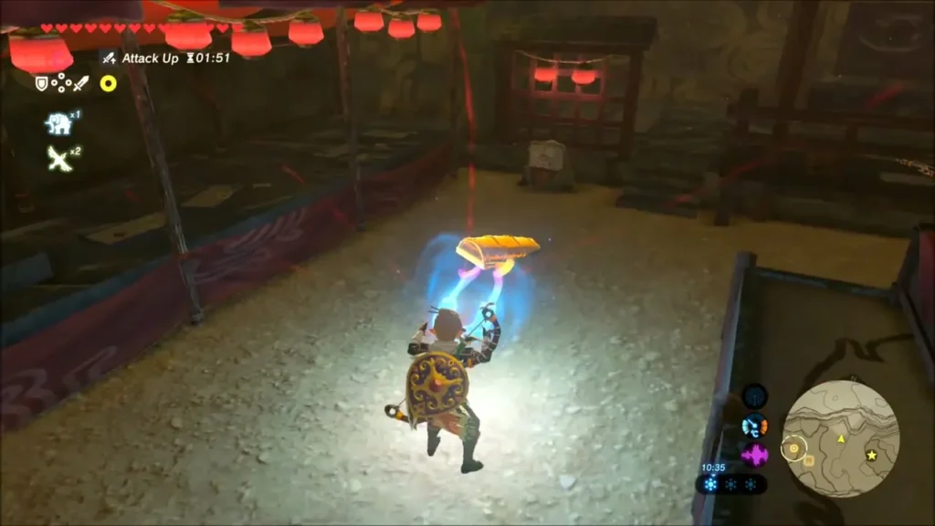 Link using Magnesis to lift a buried chest in the last room Link using Magnesis to lift a buried chest in the last room