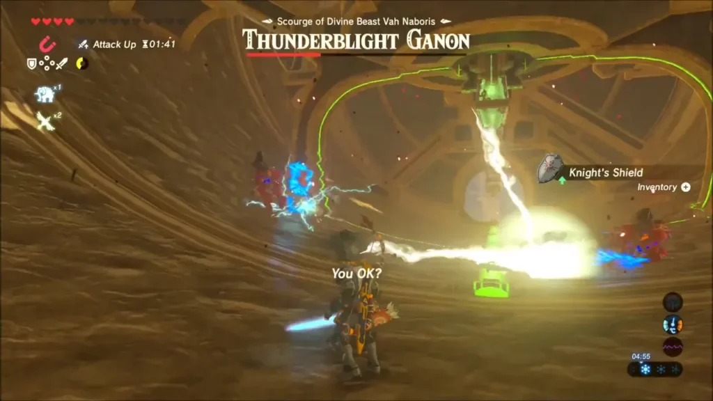 A beam of lightning strikes the lifted metal spike next to Link and Thunderblight Ganon A beam of lightning strikes the lifted metal spike next to Link and Thunderblight Ganon
