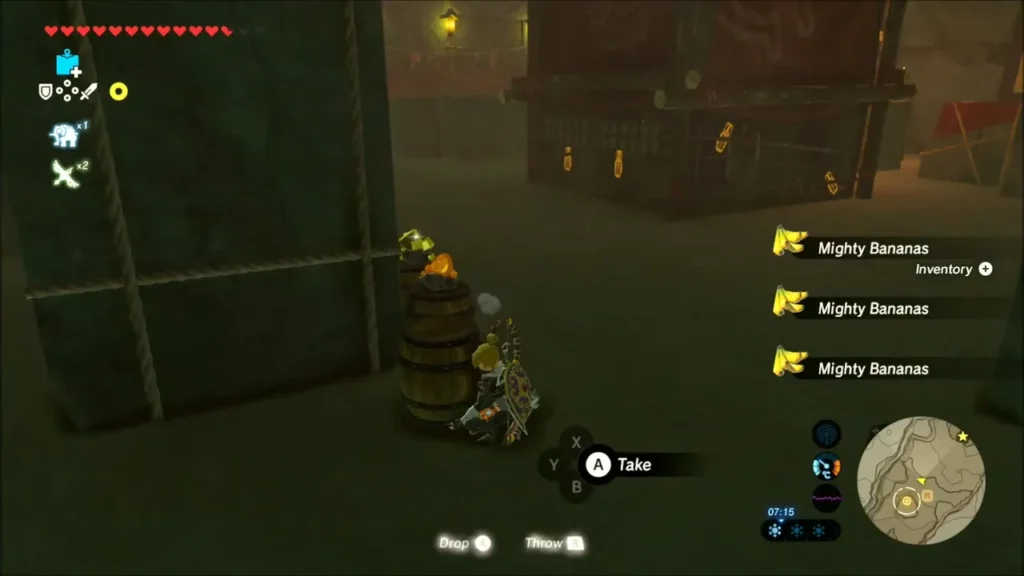 Link beside a barrel taking Mighty Bananas from a stash Link beside a barrel taking Mighty Bananas from a stash