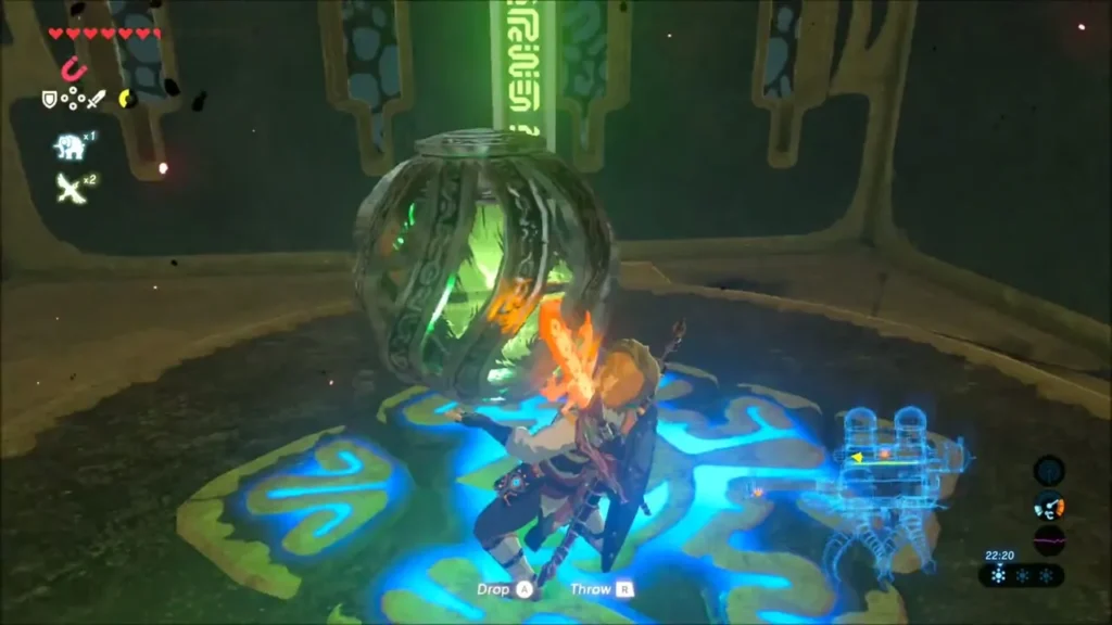 Link placing a green electric ball on a pedestal in Vah Naboris Link placing a green electric ball on a pedestal in Vah Naboris