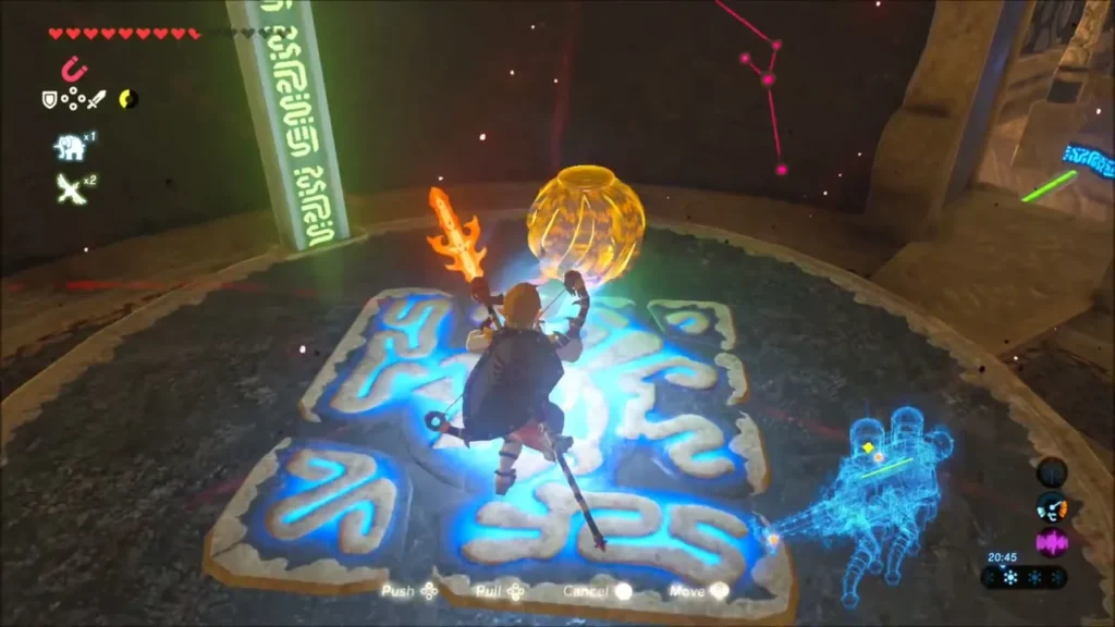 Link carrying an electric ball onto a glowing pedestal in Vah Naboris Link carrying an electric ball onto a glowing pedestal in Vah Naboris