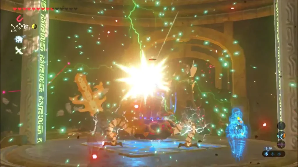Link fighting a Guardian Scout in a flash of lightning in Vah Naboris Link fighting a Guardian Scout in a flash of lightning in Vah Naboris