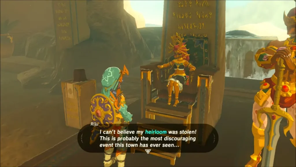 Riju on her throne saying her heirloom was stolen, with Link before her Riju on her throne saying her heirloom was stolen, with Link before her