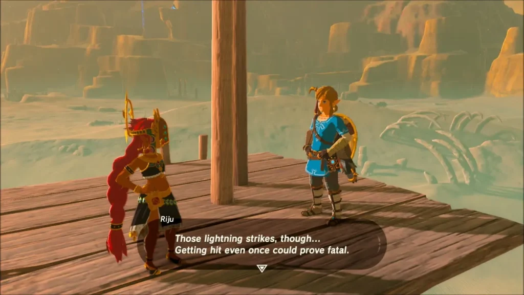 Riju and Link on the top of the lookout tower discussing the lightning Riju and Link on the top of the lookout tower discussing the lightning