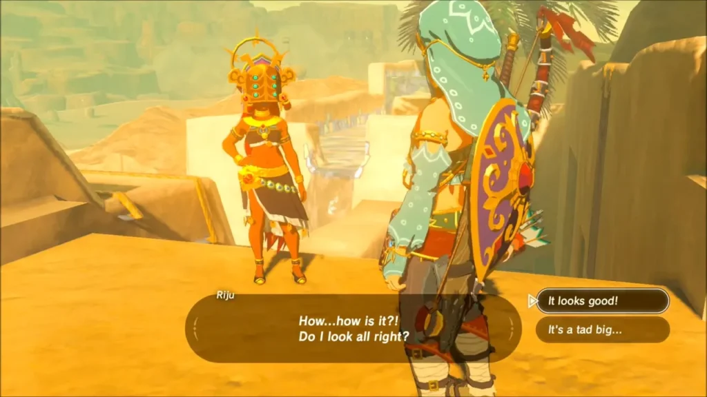 Riju wearing the Thunder Helm and asking how she looks Riju wearing the Thunder Helm and asking how she looks