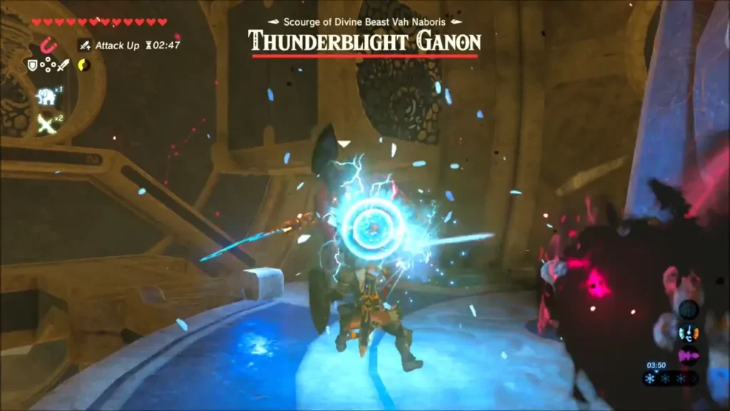 Link bracing behind his shield as electricity crackles against it Link bracing behind his shield as electricity crackles against it