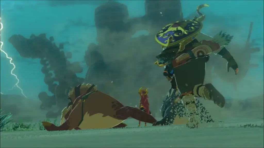 Vah Naboris collapsing in the sandstorm beside Link and Riju Vah Naboris collapsing in the sandstorm beside Link and Riju