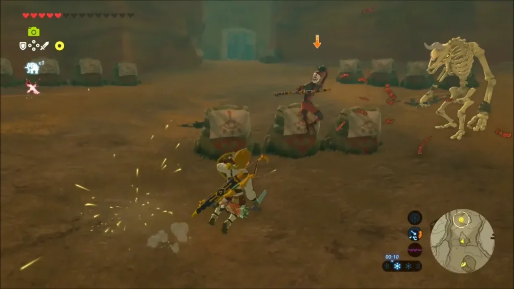 Link fighting a Yiga archer among statues in the canyon Link fighting a Yiga archer among statues in the canyon
