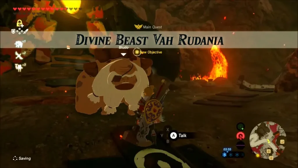 Divine Beast Vah Rudania main quest banner as Link talks to Bludo Divine Beast Vah Rudania main quest banner as Link talks to Bludo