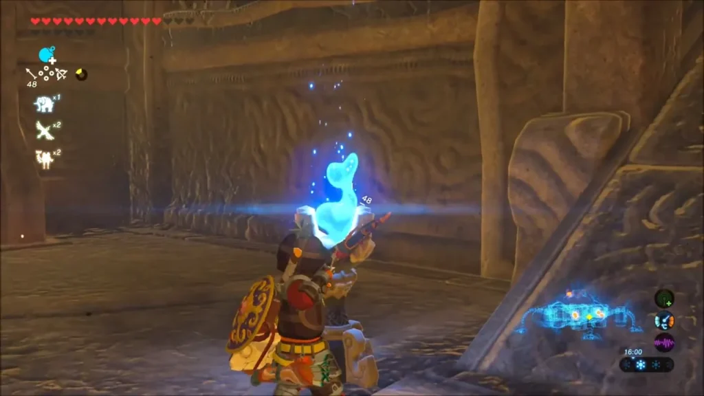 Link lighting a torch at a blue flame inside the beast Link lighting a torch at a blue flame inside the beast