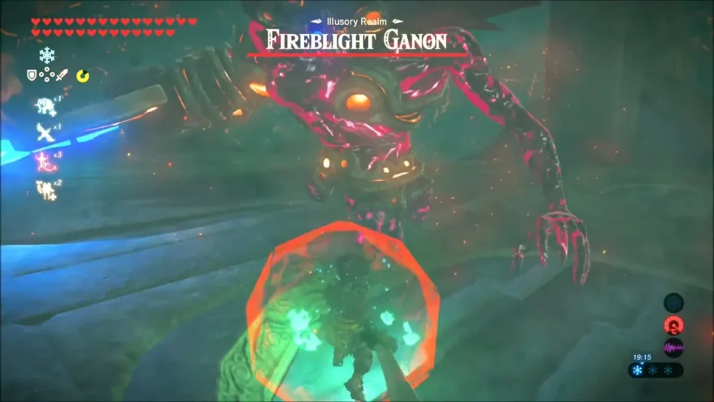 Link guarding against Fireblight Ganon's attack in the Illusory Realm Link guarding against Fireblight Ganon's attack in the Illusory Realm
