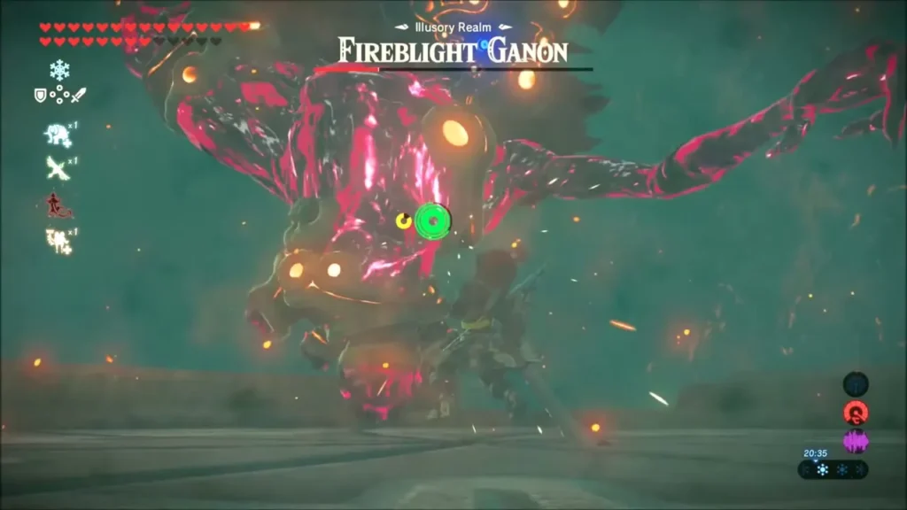 Link locked on to Fireblight Ganon as he looms overhead Link locked on to Fireblight Ganon as he looms overhead