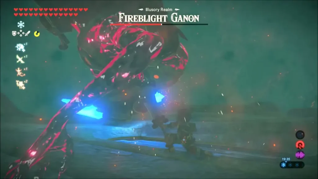 Fireblight Ganon swinging his giant glowing sword across the arena Fireblight Ganon swinging his giant glowing sword across the arena
