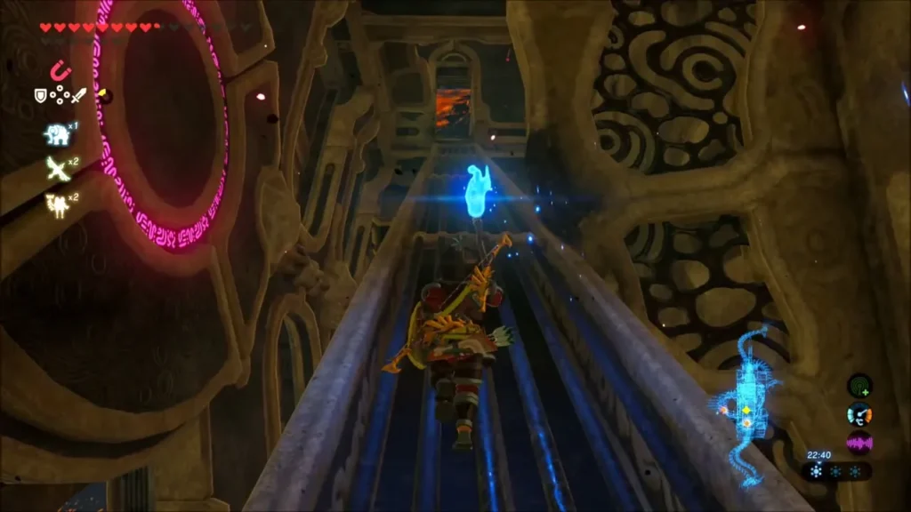 Link climbing a tilted grate with a blue flame arrow inside Vah Rudania Link climbing a tilted grate with a blue flame arrow inside Vah Rudania