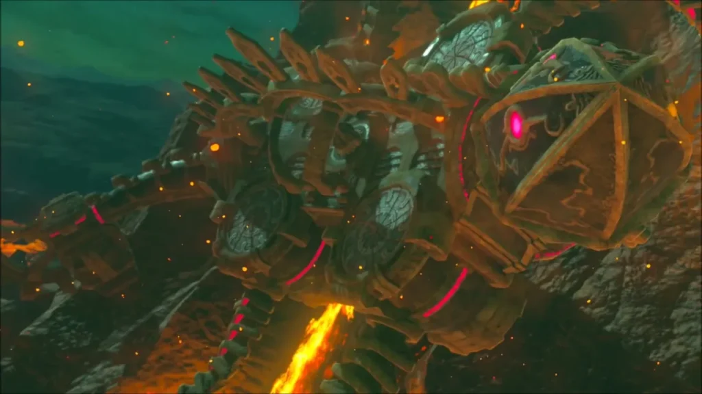 Close view of Vah Rudania with its glowing red eye and gears Close view of Vah Rudania with its glowing red eye and gears