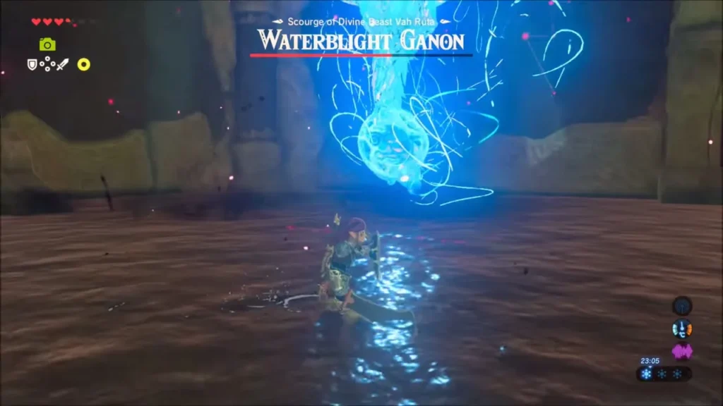 Link in the water as a blue ice pillar rises in front of Waterblight Ganon Link in the water as a blue ice pillar rises in front of Waterblight Ganon