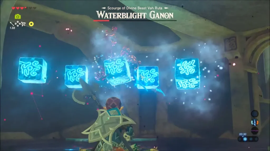Five glowing ice blocks hanging in the air before Link Five glowing ice blocks hanging in the air before Link