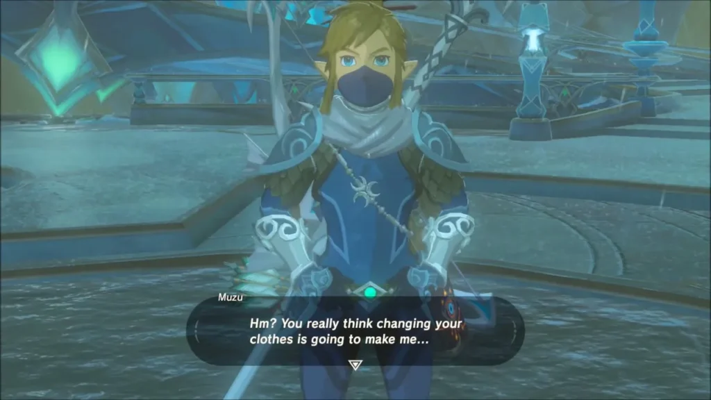 Link in the Zora Armor facing Muzu in the square Link in the Zora Armor facing Muzu in the square