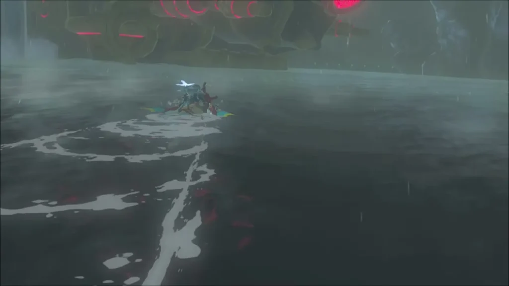 Link riding Sidon across the water toward Vah Ruta Link riding Sidon across the water toward Vah Ruta