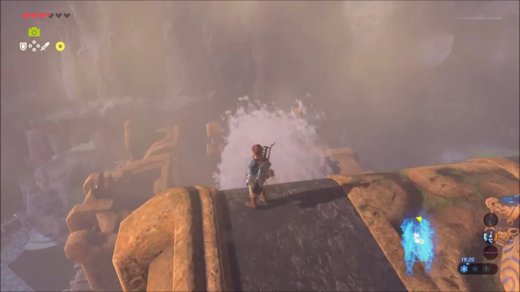 Link on top of Vah Ruta's trunk beside rushing water Link on top of Vah Ruta's trunk beside rushing water