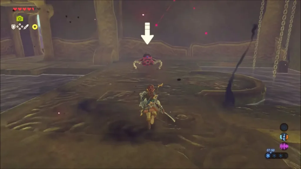 Link approaching the Guardian Scout waiting inside Vah Ruta's entrance Link approaching the Guardian Scout waiting inside Vah Ruta's entrance