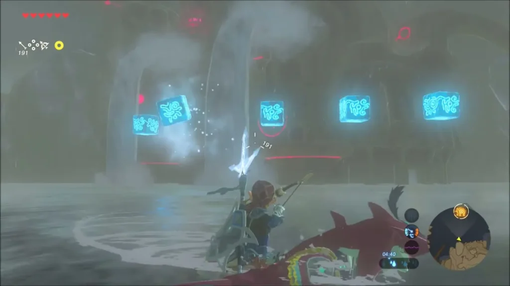 Link aiming a bow at floating ice orbs in front of Divine Beast Vah Ruta in the rain Link aiming a bow at floating ice orbs in front of Divine Beast Vah Ruta in the rain