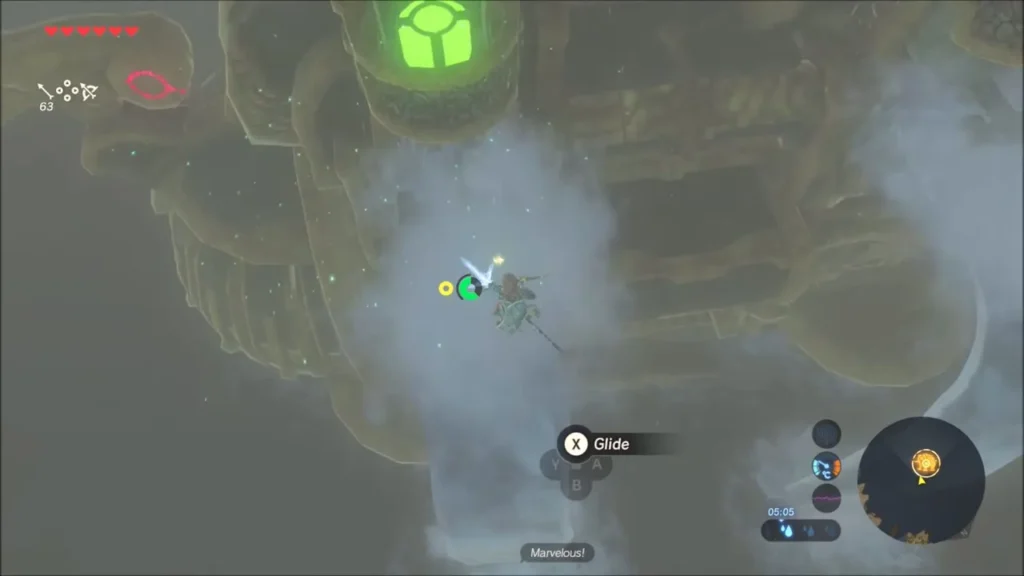 Link gliding up toward a glowing green orb on Vah Ruta's side Link gliding up toward a glowing green orb on Vah Ruta's side