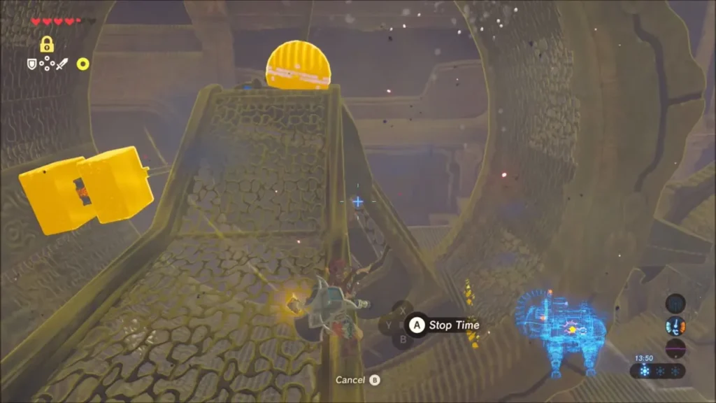 Link using Stasis on a block and ball above a mesh ramp Link using Stasis on a block and ball above a mesh ramp