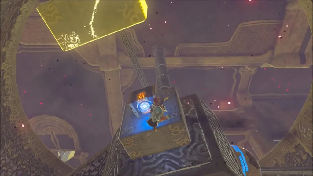Link riding a terminal block lifted past a Stasis-frozen slab Link riding a terminal block lifted past a Stasis-frozen slab