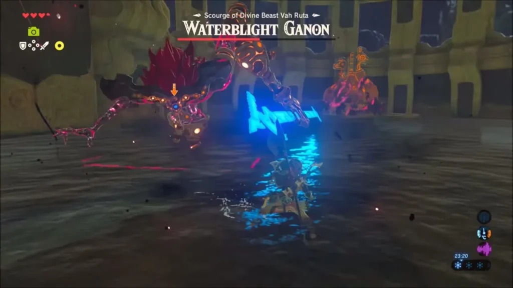 Link targeting Waterblight Ganon's eye as he swings his spear Link targeting Waterblight Ganon's eye as he swings his spear