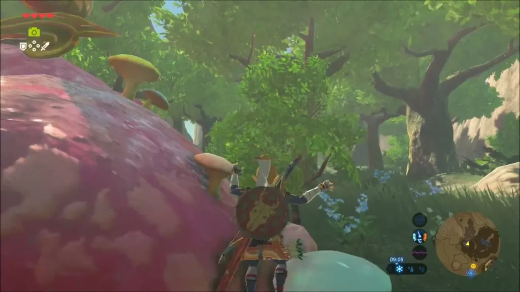 Link beside the giant mushroom petals of the fountain Link beside the giant mushroom petals of the fountain