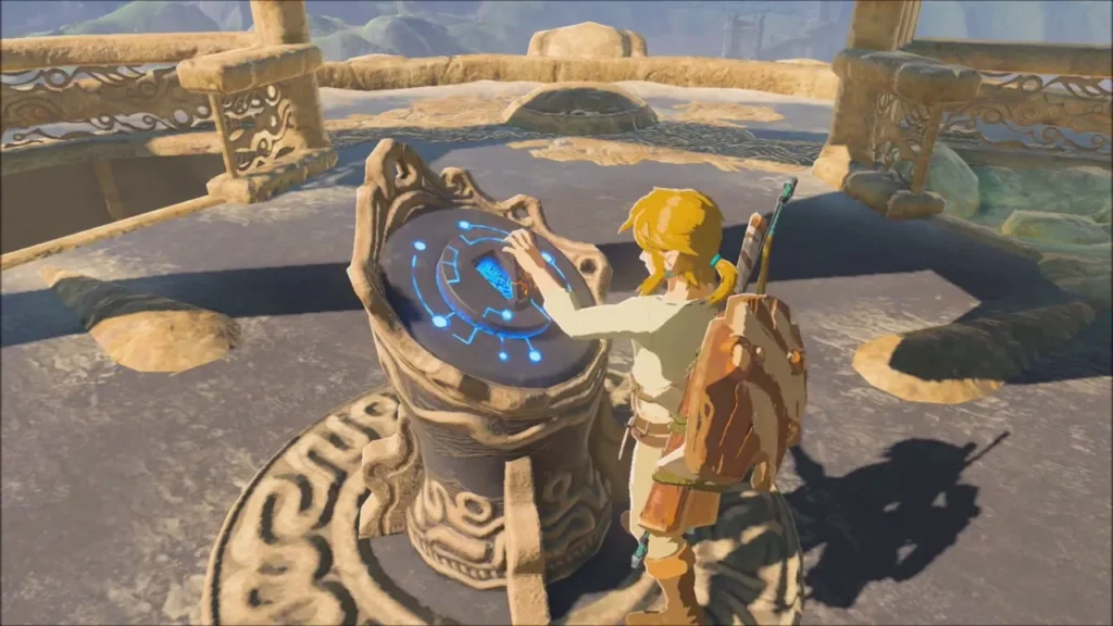 Link touching the glowing terminal at the top of the tower to download the map Link touching the glowing terminal at the top of the tower to download the map