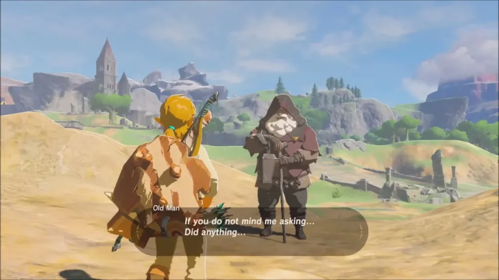 Link speaking with the Old Man on the sandy hill below the tower Link speaking with the Old Man on the sandy hill below the tower