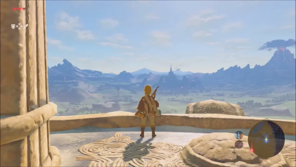 Link looking out from the tower balcony over the Great Plateau toward Hyrule Castle Link looking out from the tower balcony over the Great Plateau toward Hyrule Castle