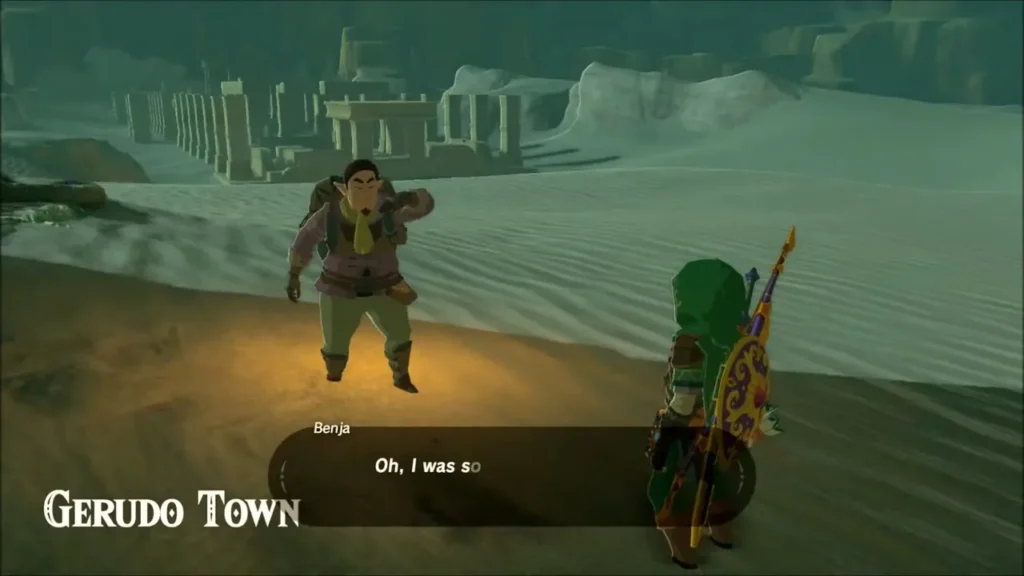 Benja standing in the sand outside Gerudo Town, talking with Link Benja standing in the sand outside Gerudo Town, talking with Link